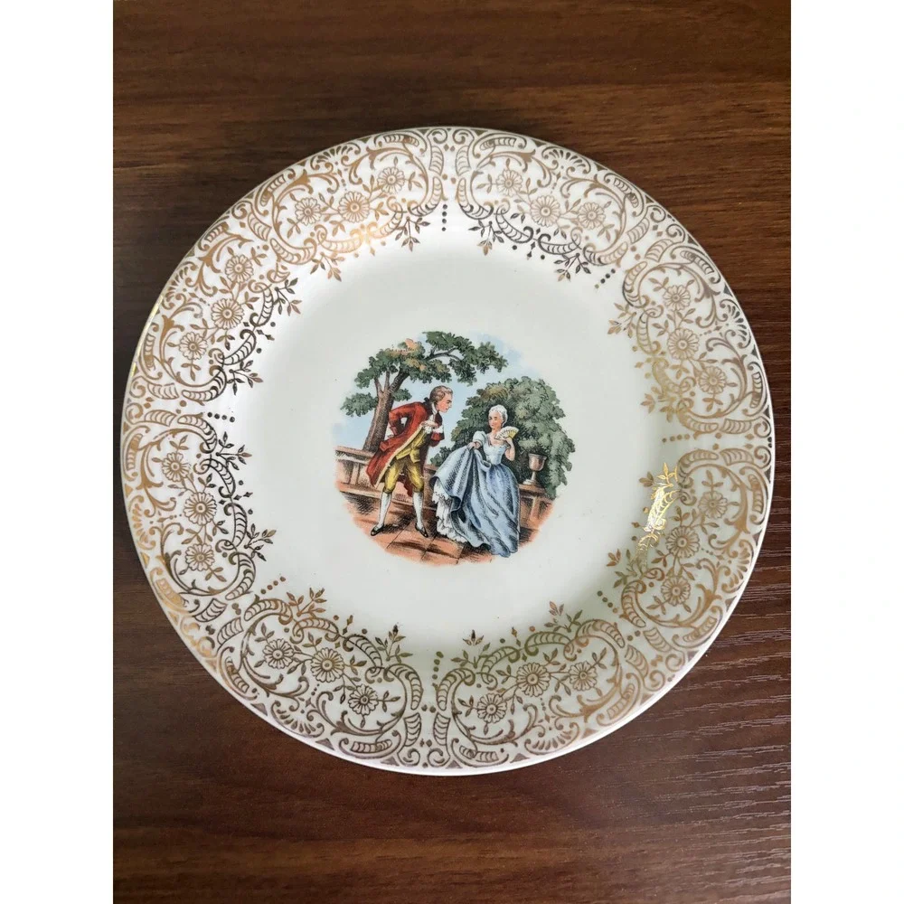 Set of 2 Sebring Pottery Chantilly Plates, Fragonard Courting Couple, 22K Gold